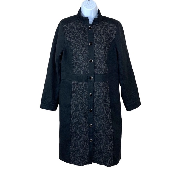 Size 10 Isaac Mizrahi Black Lace Coat Mandarin Collar Button Front Long Sleeve - Picture 1 of 11